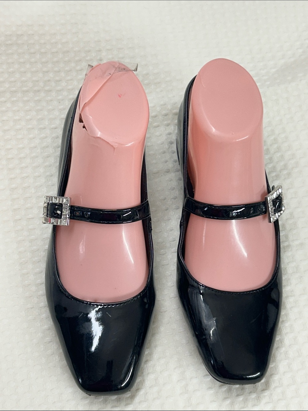 Black Patent Mary Jane Flats with Rhinestone Buckle